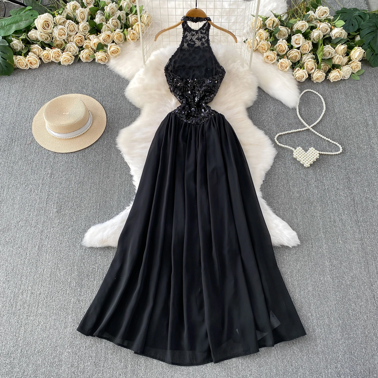 فستان أنيق أنيق بدون أكمام مزين بالترتر بدون أكتاف فستان صيفي على الموضة الكورية ملابس نسائية