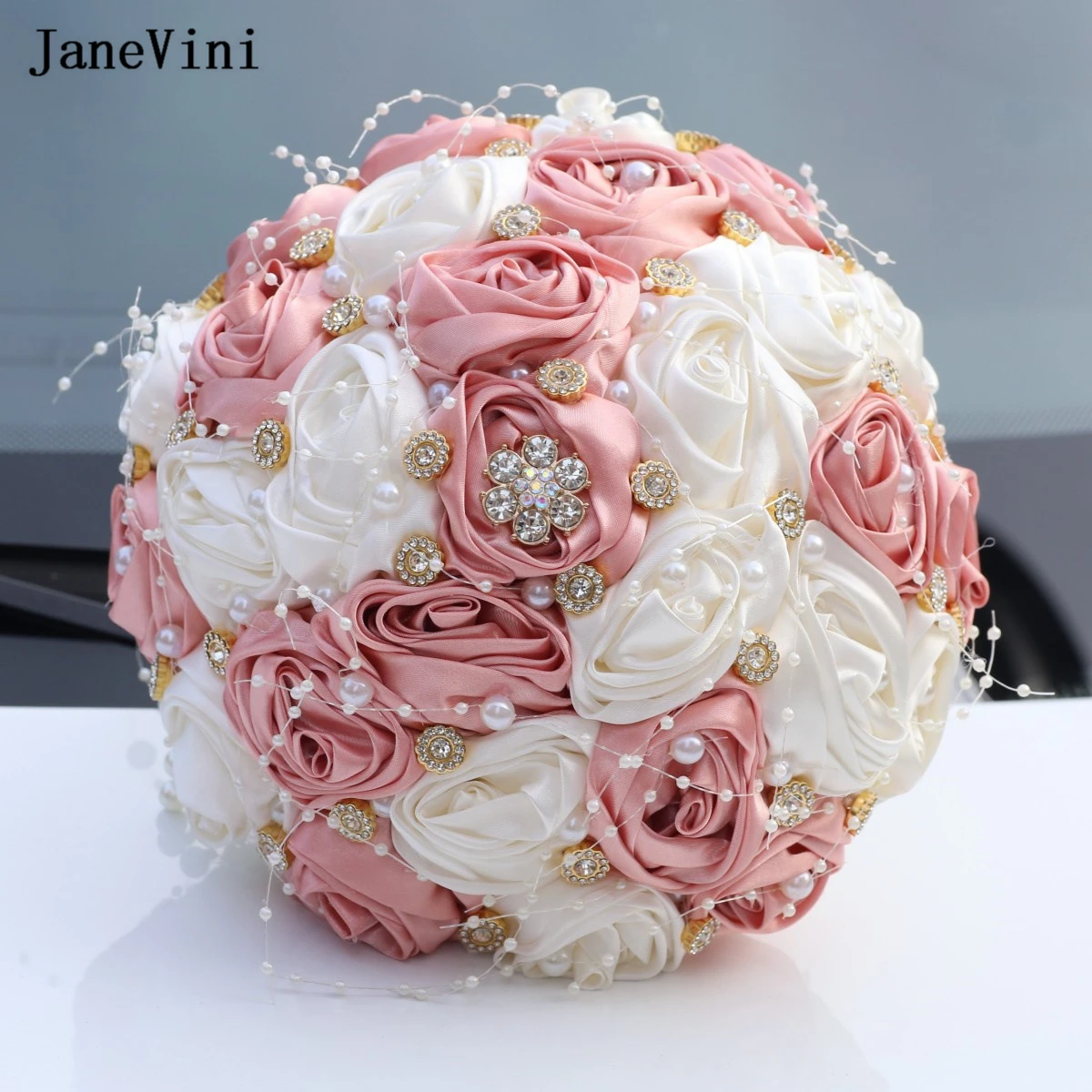 

JaneVini Charming Korean Dusty Pink Ribbon Flowers Brooch Bouquet Rose Pearls Rhinestone Jewelry Luxury Wedding Bridal Bouquets