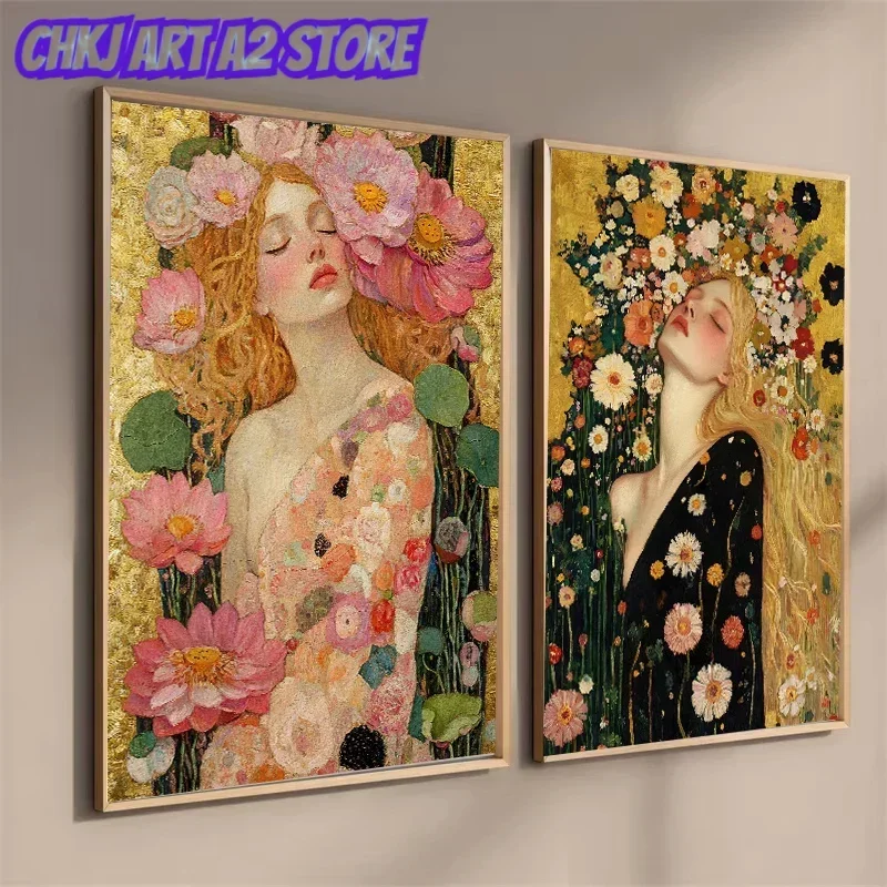 Beauty Woman with Peony Crown Lotus Flower Poster Art Print Floral Portrait Canvas Painting Boho Bedroom Home  Decoration