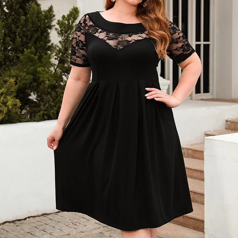 Plus Size w stylu casual, czarny sukienka koronkowa łączona wycięcie pod szyją krótki rękaw z wysokim stanem marszczona modna elegancka damskie