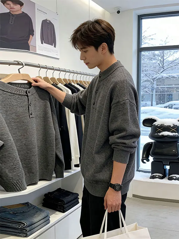 

Men's Thiened Heavyweight Knitwear Henry Collar Sweater Deep ey Autumn Winter Base Layer irt Lazy Loose Fit Ciwalk