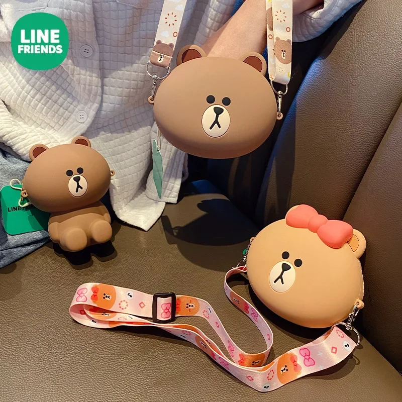 حقيبة كروس بنية من Line Friends للفتيات ذات مظهر عالٍ جديد من السيليكون لتخزين سماعات الأذن ومحفظة للعملات المعدنية هدية عيد ميلاد أنيمي Kawaii