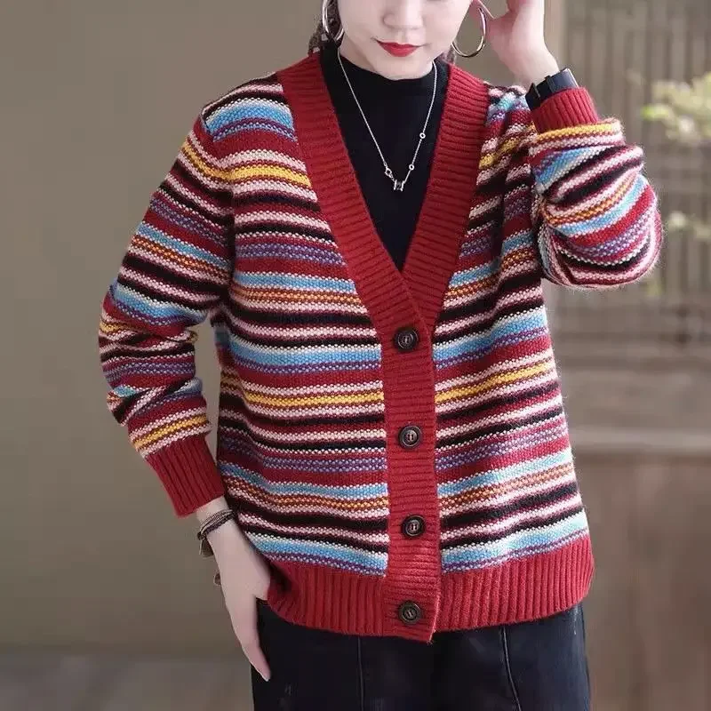 2023 Autumn and Winter Women\'s V-neck Button PatchworkStriped Loose Cardigan Fashion Casual Elegant Commuter Long Sleeve Tops