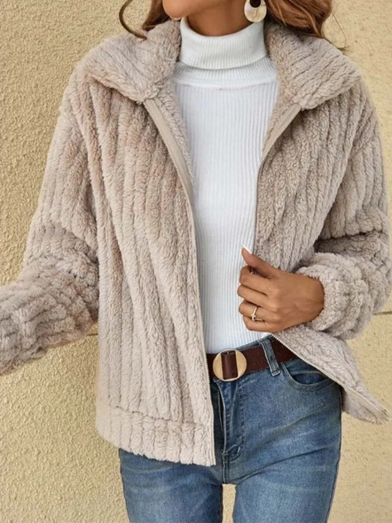 

Fleece Jackets Women Winter Oversized Warm Teddy Coat Female Vintage Faux Fur Plush Jacket Lady Zip Up Fuzzy Long Sleeve Outwear