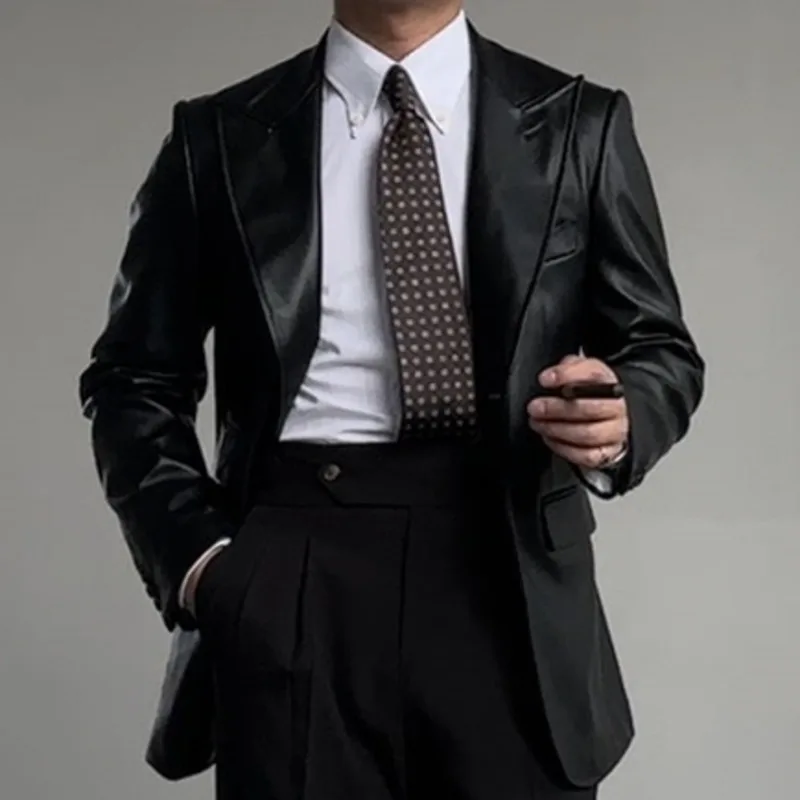 Leather Blazer Jacket Men Black Leather Coat Casual Korean Chaquetas Hombre Motorrad Blazer Single-breasted Lapel Leather Jacket