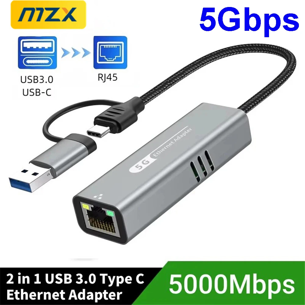 MZX 5Gbps USB 3.0 Network Adapter Card Type C A to RJ45 5000M Wired Networking Ethernet Lan Converter Hub for Computer Laptop PC