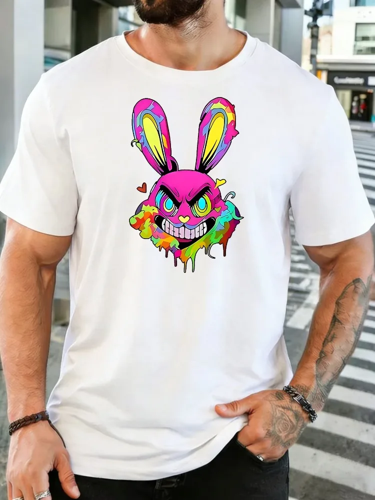 Melting Neon Evil Bunny Mens Tee Hip Hop Street Rabbit Print Crew Neck Short Sleeve Casual Loose Summer Male Graffiti Daily Top