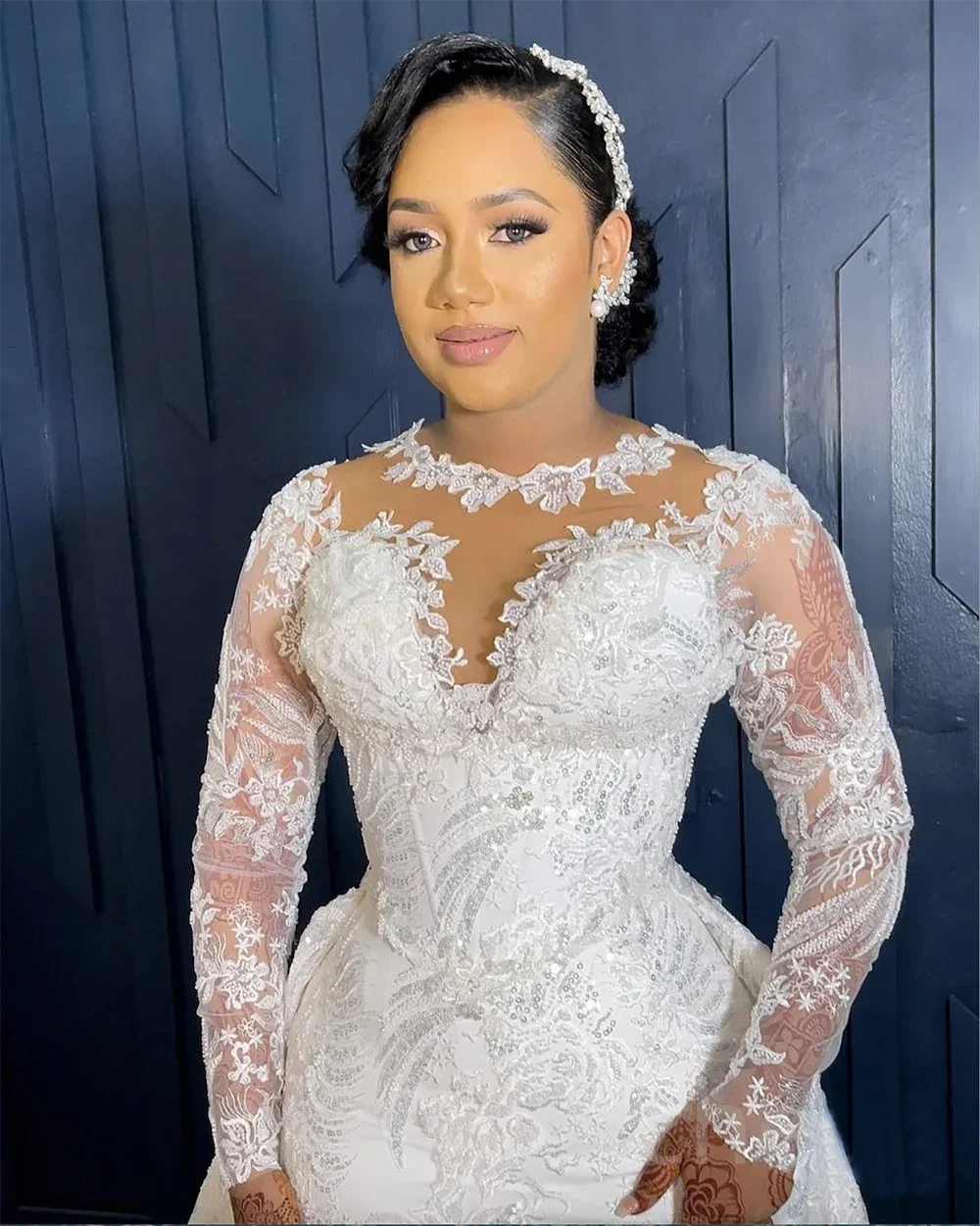 

Customized Arabic Mermaid Ivory Wedding Dress Sheer Neck Lace Long Sleeves Vintage Custom Made Bridal Gowns Dresses 2024