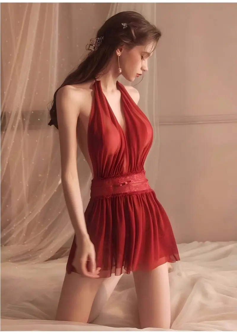 Sexy Off-shoulder Chiffon Lingerie, Deep V-neck Backless Dress, Pajamas, Uniforms, Sheer Nightgowns, Temperament Lingerie. image 2