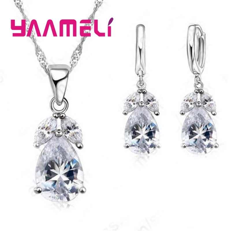 

925 Sterling Silver Necklace Earrings Set Water Drop Modeling Embellished With Leaves White Crystal Stone For Women