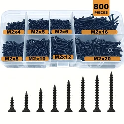 800pcs M2 Self Tapping Screw Black Flat Countersunk Head Wood Screw Carbon Steel For Home Improvement DIY