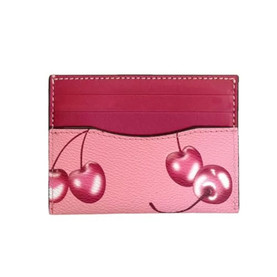 

Slim Card Case for Women Leather Credit Card Holder with Cherry Print Red