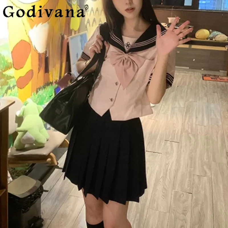 Summer Short Sleeve Japanese Pink JK Navy Collar Uniform Sets Sweet Girl High Waist A-line Age-reducing College Princess Skirt