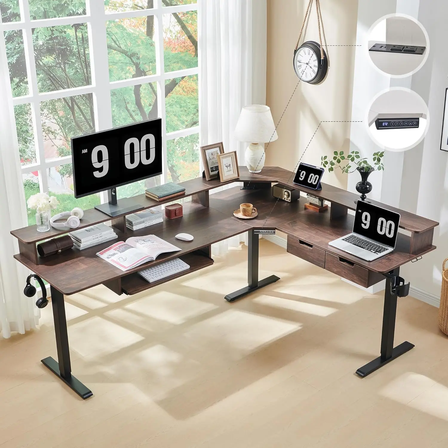 

75x60in L-Shape Electric Height Adjustable Gaming Desk Drawers Keyboard Tray Outlets LED Lights Monitor Shelf, Customized