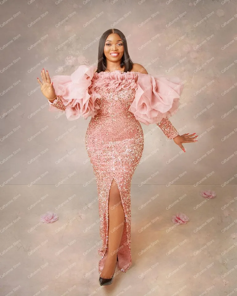 Stunning Pink Sequin Prom Dresses Long Puffy Sleeves With Slit Mermaid Plus Size Aso Ebi Long Evening Gowns Custom Made - AliExpress 320 Stunning Pink Sequin Prom Dresses Long Puffy Sleeves With Slit Mermaid Plus Size Aso Ebi Long Evening Gowns Custom Made - AliExpress 320