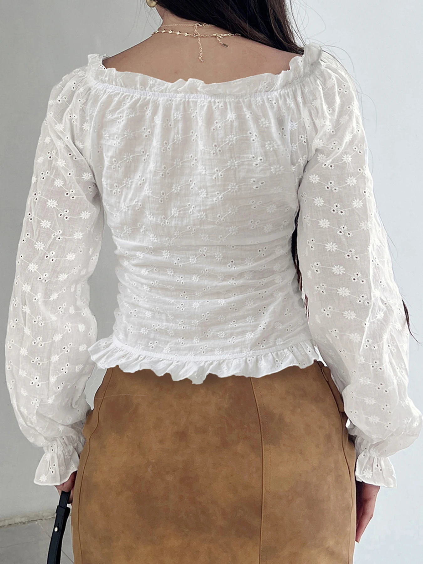 IAMSURE Casual Loose Hollow Out Shirts Holiday Square Collar Long Puff Sleeve Blouse Women 2025 Autumn Spring Fashion Streetwear