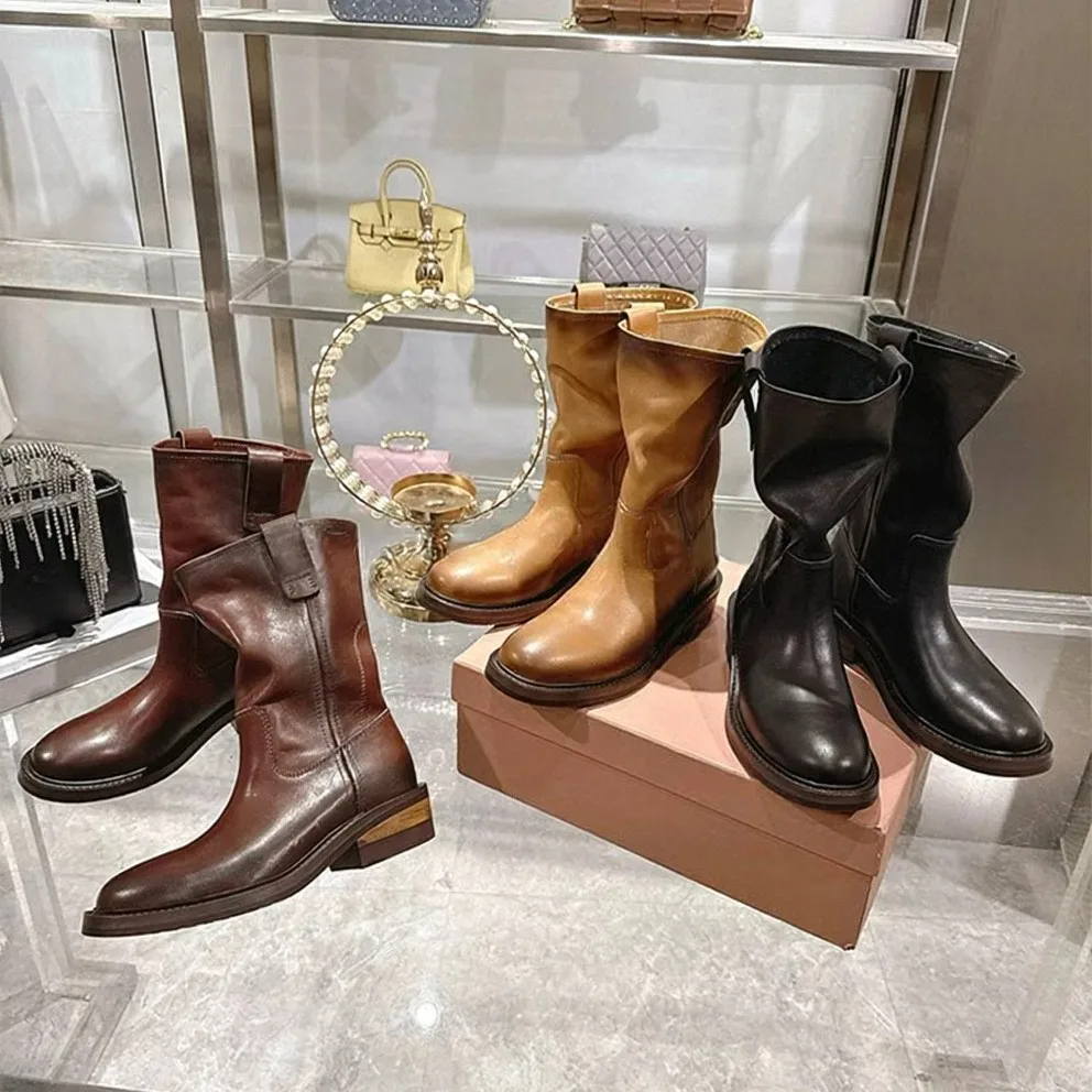 Designer Womens Shoes Retro Leather Mid Calf Boots Round Toe Block Low Heel Casual Riding Botties Motorcycle Flats Biker Soft