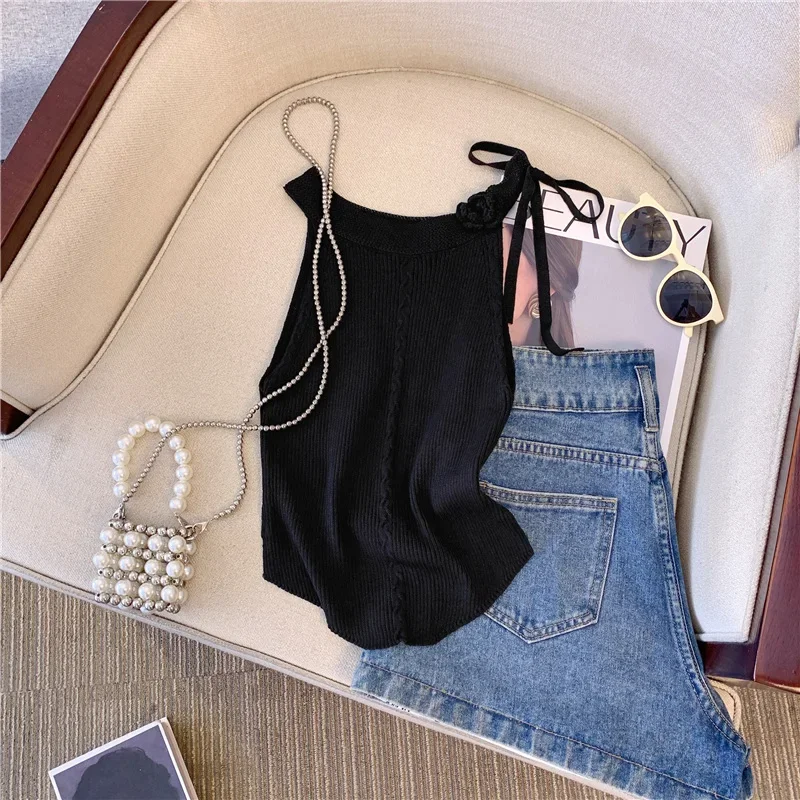 Summer Women Sexy Halter Top Off Shoulder Lace Up Outer Wear Crop Top Ins 3D Floral Underwear Hollow Out Holiday Knit Tank Top