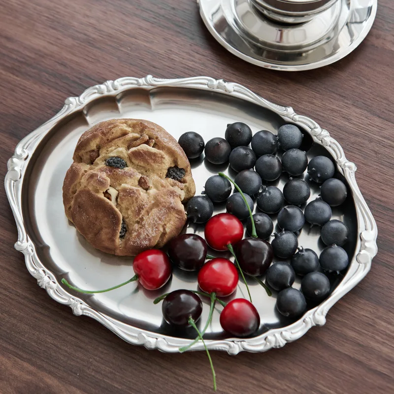 Stainless steel retro European style, dessert plate, coffee cup oval tray