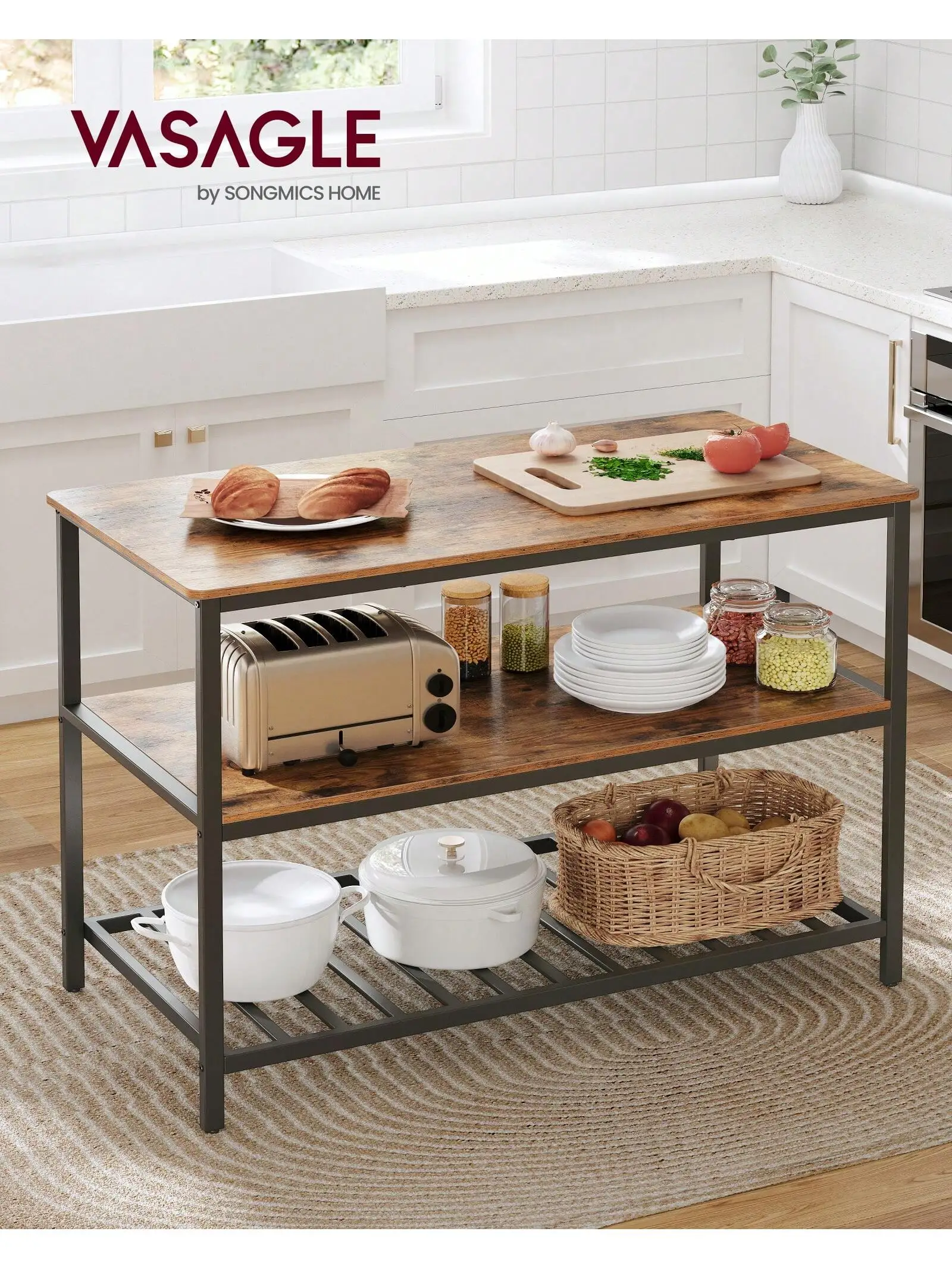 VASAGLE Kitchen Island with 3 Shelves, 47.2 Inches Width Kitchen Shelf with Large Worktop, Stable Steel Structure, Industrial