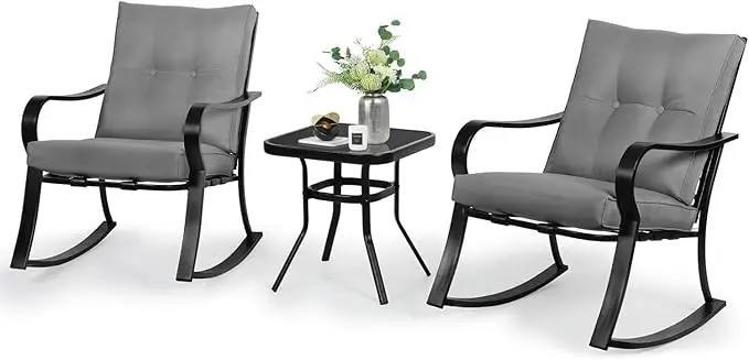 Outdoor 3-Piece Rocking Chairs Patio Bistro Set Black Steel Furniture with Thickened Cushion and Glass-Top Coffee Table