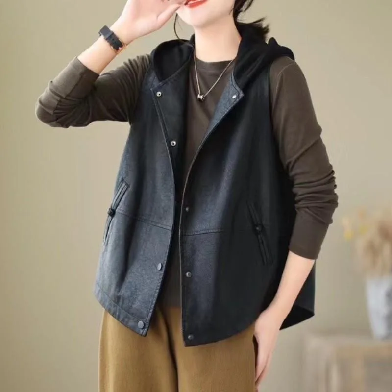 

Loose Casual PU Leather Jaet Women's Vest Coat Svel Hooded Top Comfortable Breathable Faionable Fall New Arrival