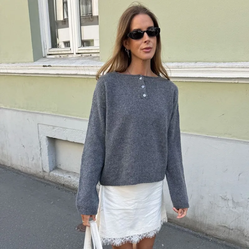 Tuularose Women's Gray Pullovers Fashion Round Neck Button Patchwork Pullovers Autumn Loose Casual New Simple Women's Sweaters