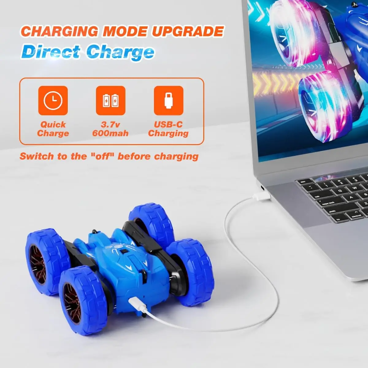 Rechargeable Remote Control Cars with Colorful Lights 360° Rotating 2.4Ghz 4WD All Terrain RC Stunt Cars for Kids