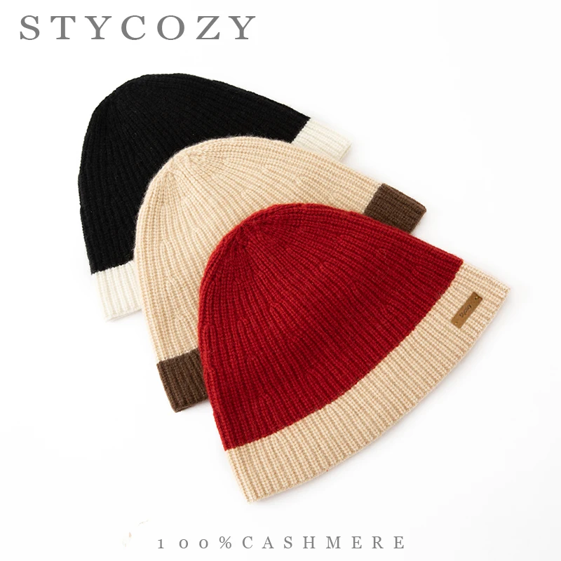 Women 100%Cashmere Color Block Knit Bucket Beanie Unisex Soft Thick Warm Winter Hat Wide Rib Brim Casual Skull Cap Cold Weather