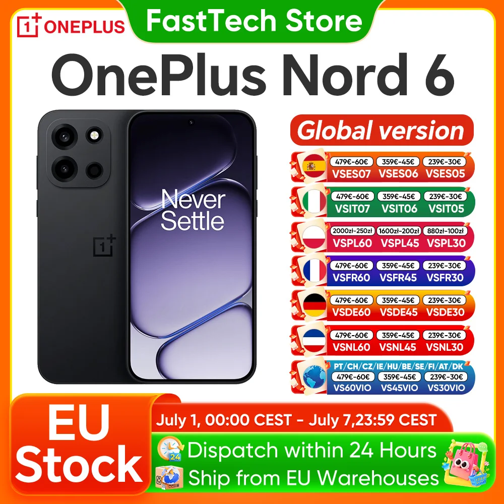 Smartfon OnePlus Nord 6 5G w wersji EU, Snapdragon 8s Gen 4, 165Hz 165FPS, wyświetlacz AMOLED 6,78”, bateria 7500mAh, ładowanie 80W SUPERVOOC, aparat główny 50MP SONY z OIS dwuosiowym.