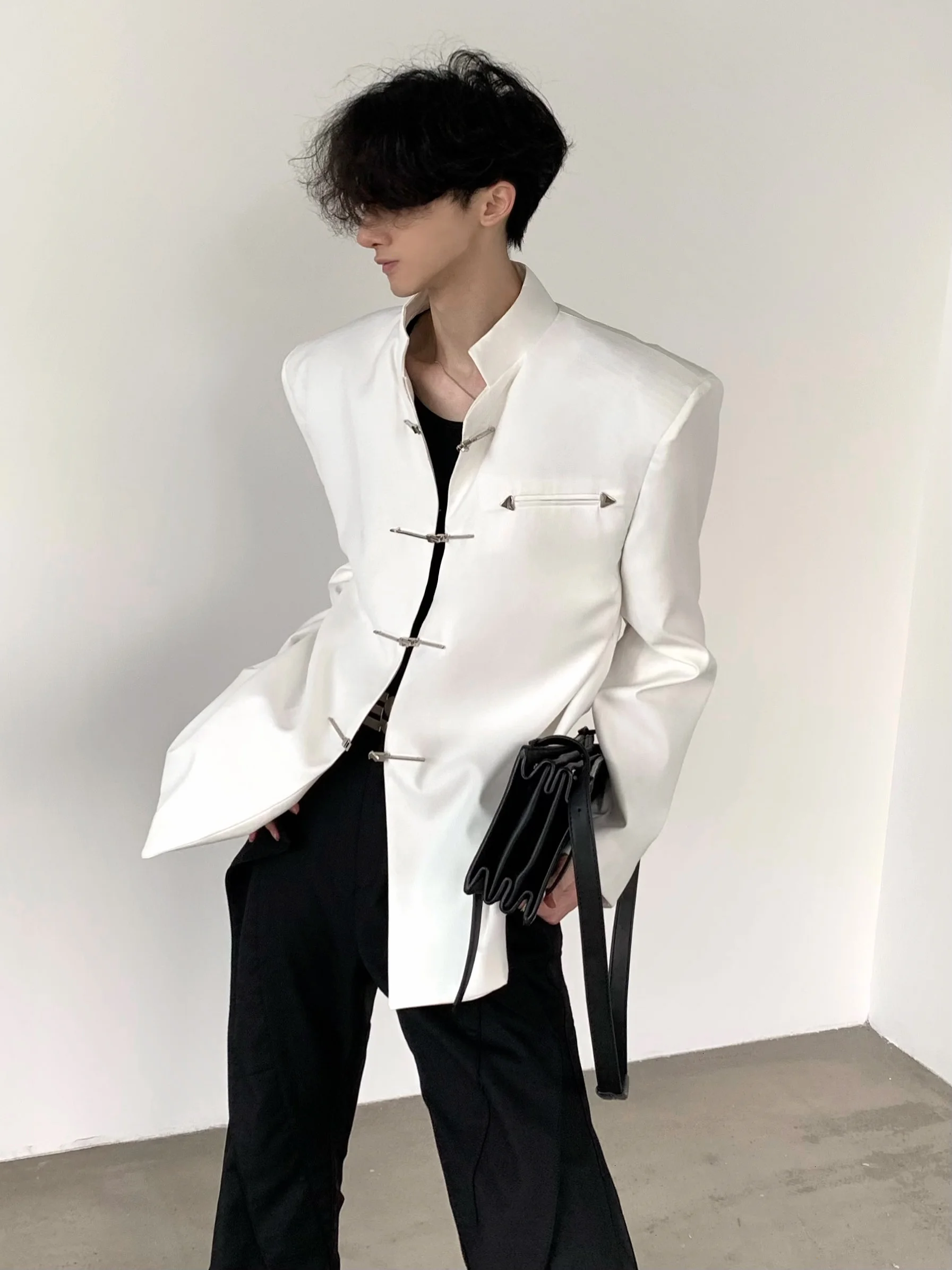 Fashion 2024 Autumn Suit Jackets Men's Solid Color Stand Collar New Chinese Style Blazers Padded Shoulder Long Sleeve Suit Coats