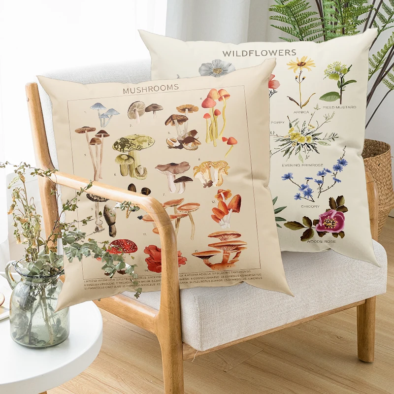 Mushroom Botanical Throw Pillows Wildflower Reference Chart Illustration Home Chair Decorative Pillows Sofa Cushions Gifts