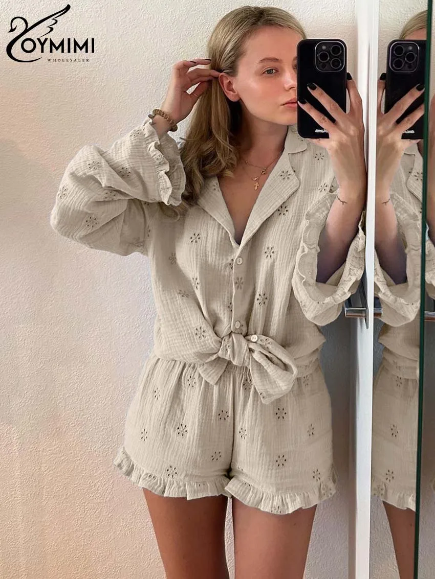 Oymimi Fashion Cotton Khaki Sets For Women 2 Pieces Elegant Long Sleeve Single Breasted Shirts And High Waist Ruffled Shorts Set