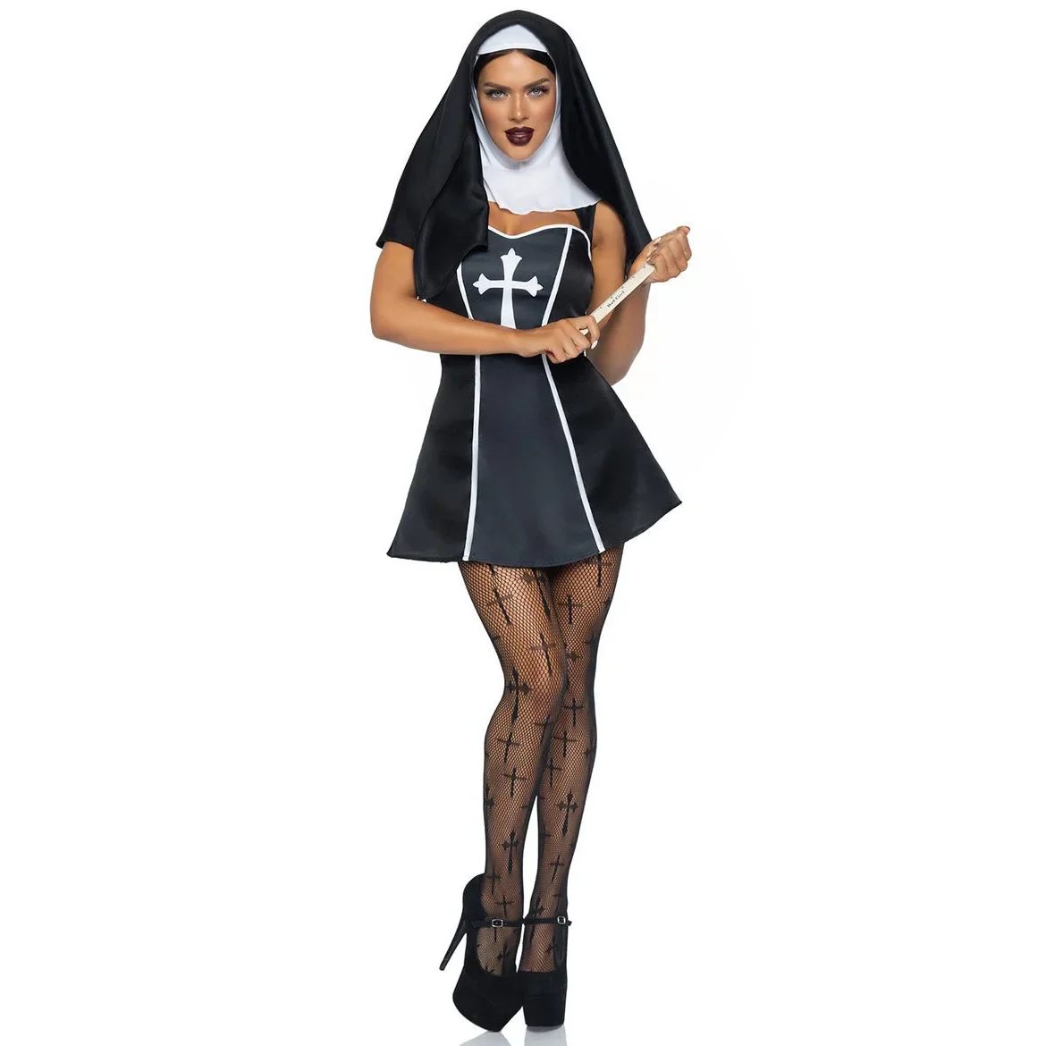 Traje Cosplay Freira Halloween das Mulheres, Trajes Escuros de Palco, M-XL