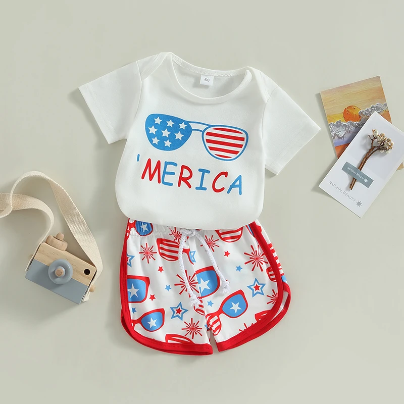 4th of July Infant Boy Outfit American Flag Print Romper and Star Striped Shorts Set with Sunglasses for Independence Day