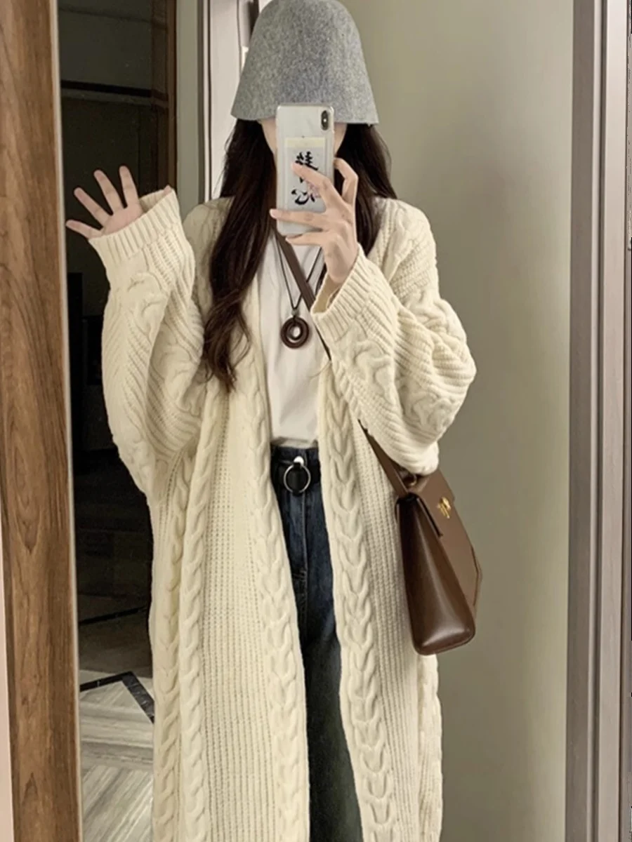 롱 트위스트 스웨터 코트 여성용 루즈핏 니트 가디건 가을 겨울 신상 한국 스타일