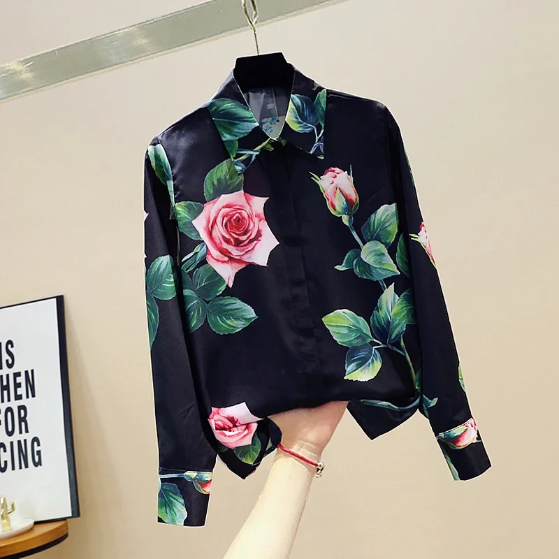 Spring Autumn Women\'s Long-sleeved Blouse Rose Flower Shirt New Fashion All-match Printed Tops Blouse Female HH564