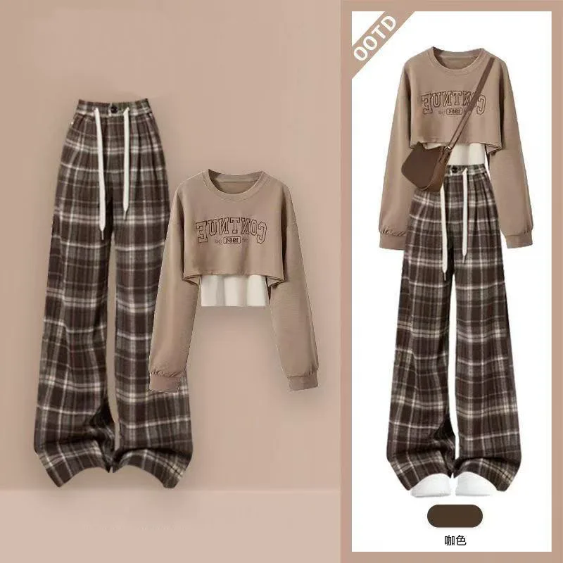 Large Size Autumn Maillard Suit Women's Retro Fake Two-piece Hoodie Paired with Slimming Plaid Casual Pants Two-piece Set