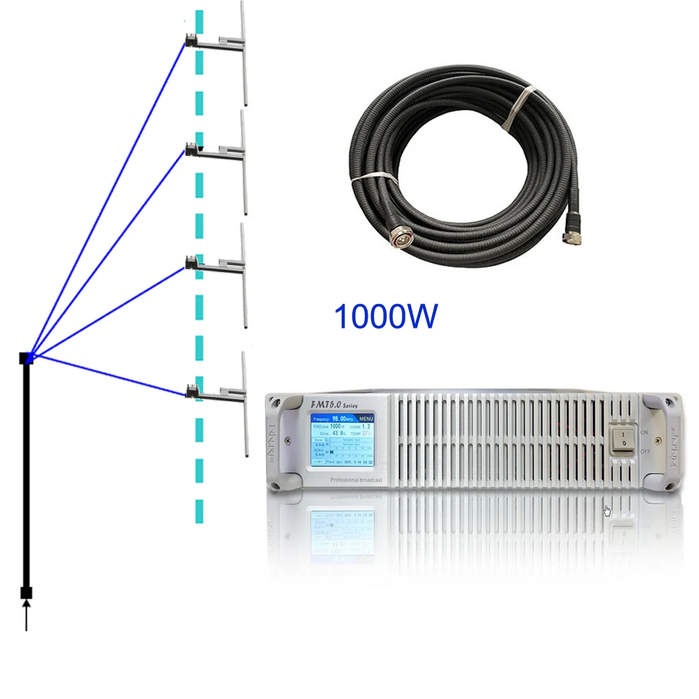 FMT5.0 0-1000W 1KW Fm Transmitter Screen Touch Radio Station+Four Bay High Gain Dipole Antenna FM Antenna with 30M RF Cable Kit