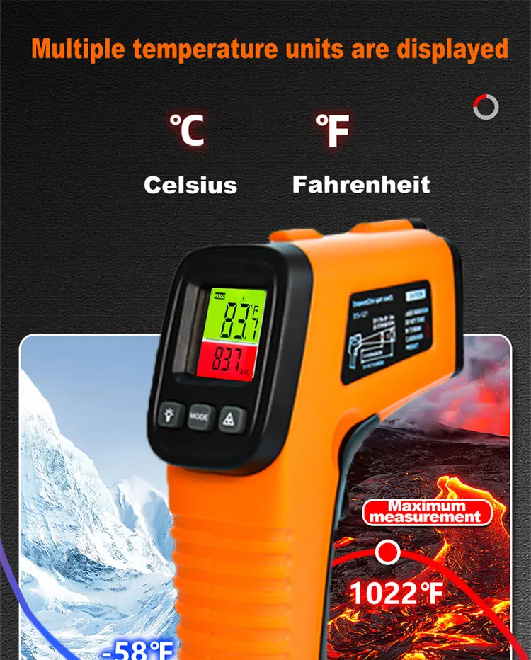 Hochempfindliche digitale Infrarot-Messpistole, Hygrometer, Hintergrundbeleuchtung, Bildschirm, Laserpositionierung, berührungslose Temperatur – Detail 1