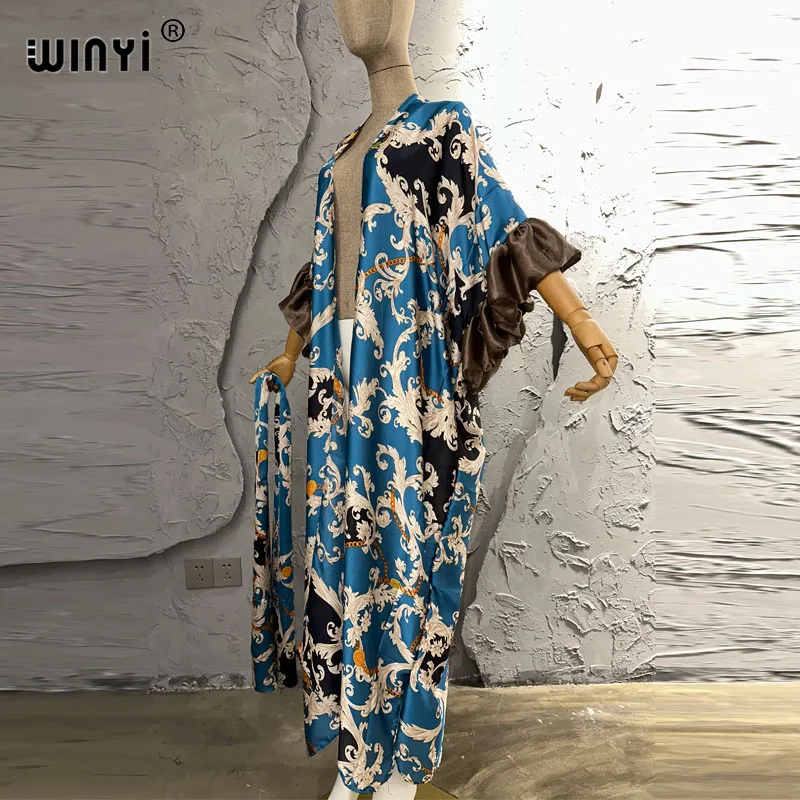 WINYI new Fashion printing Self Belted dress Women Elegant Summer Kimono Beach Wear Swim Suit Cover Up holiday kaftan Caftan