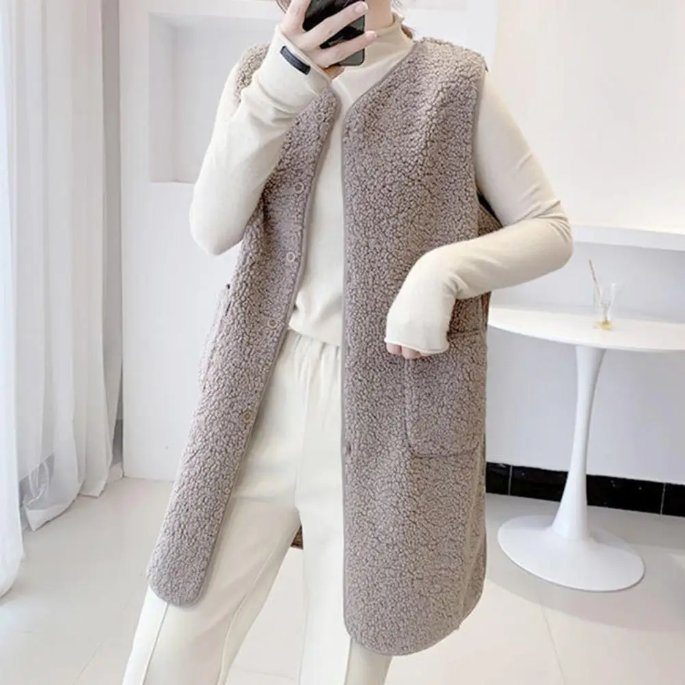 Fall Winter Women Vest Coat  Loose O Neck Pockets Mid Length Waistcoat Thick Warm Sleeveless Single-breasted Cardigan Outwear