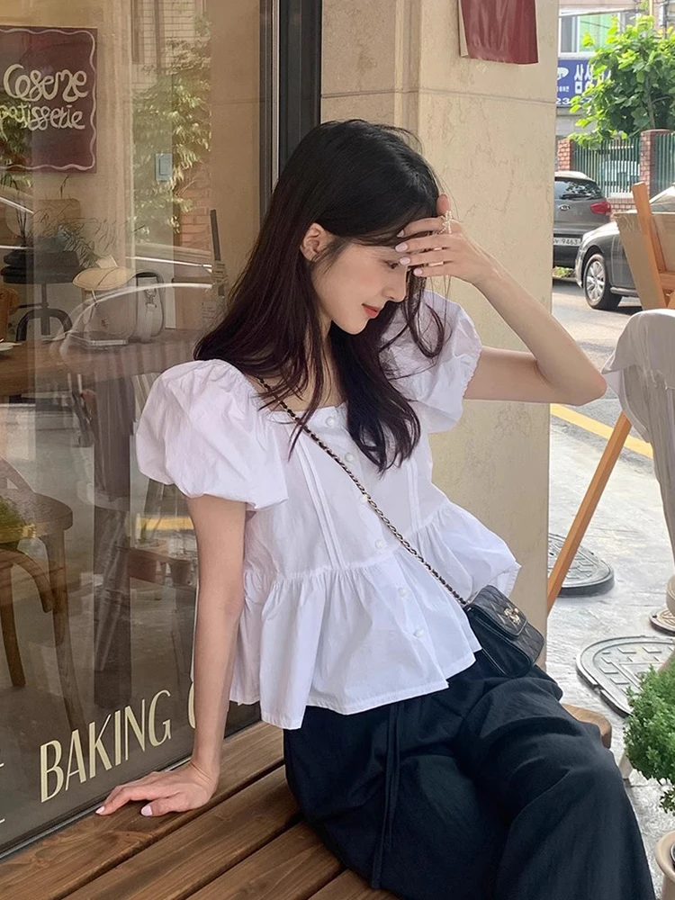 Chic Summer Loose Fit Bubble Sve irt Women's Square Collar Gored Hem Blouse Korean Sle ort Sve Faion