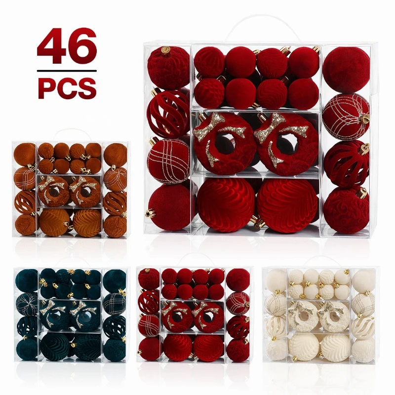 48pcs 4/6/8cm Flocking Christmas Ball Ornaments Painted Luxury Christmas Tree Party Decoration New Christmas Spheres Pendant Set