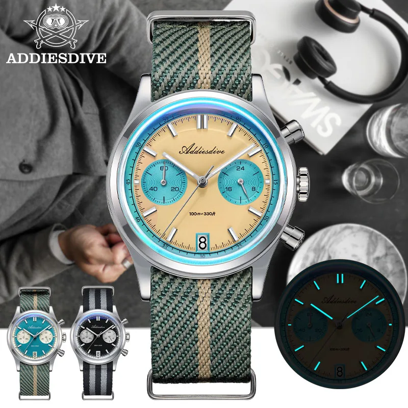 

ADDIESDIVE Fashion Men Quartz Watch VK64 Chronograph Bubble Glass 100m Waterproof Sports Watches BWG9 Luminous Stainless Steel
