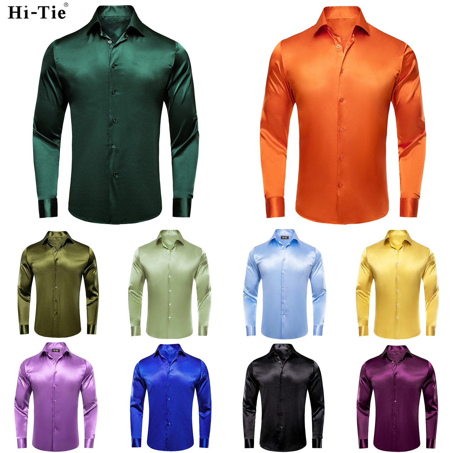 Hi-Tie Men\'s Long Sleeve Orange Green Plain Satin Silk Dress Shirts Casual Formal Blouse Shirt Luxury Designer Men Clothing