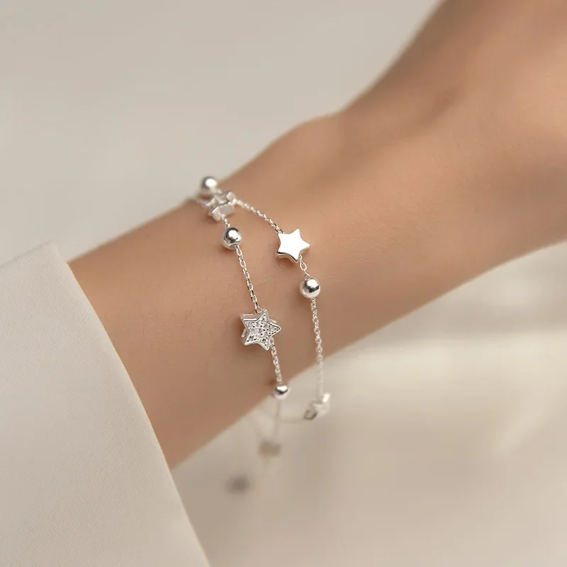 

925 Sterling Silver Star Bracelet Fashion Korean Five-pointed Star Crystal Double Bracelet Party Fine Jewelry Accessories Gifts