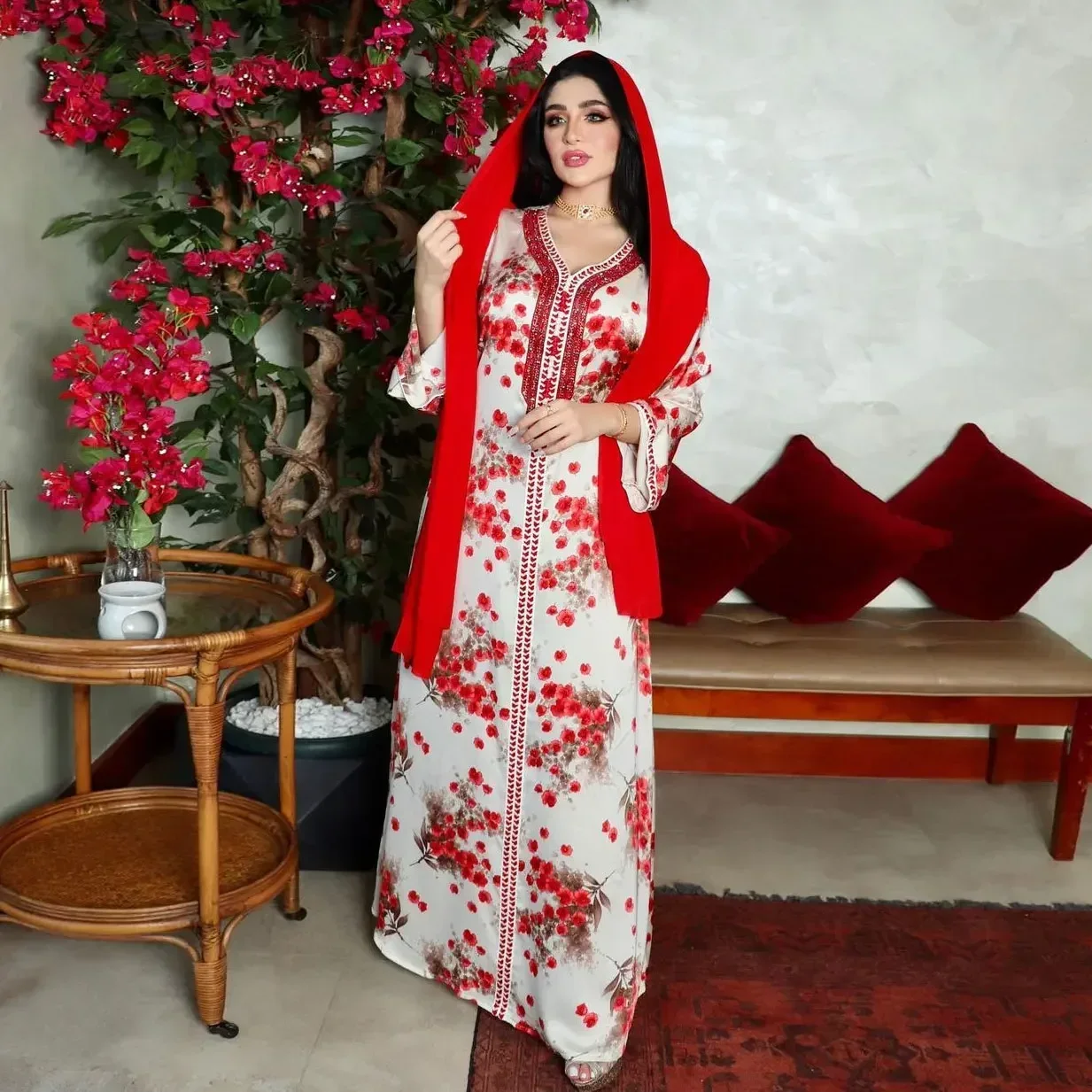 Floral Print Abaya Embroidery Dress V-neck Robe Party Kerchief Hijab Djellaba Set Ramadan Eid Loose Kaftan Vestidos Muslim Women