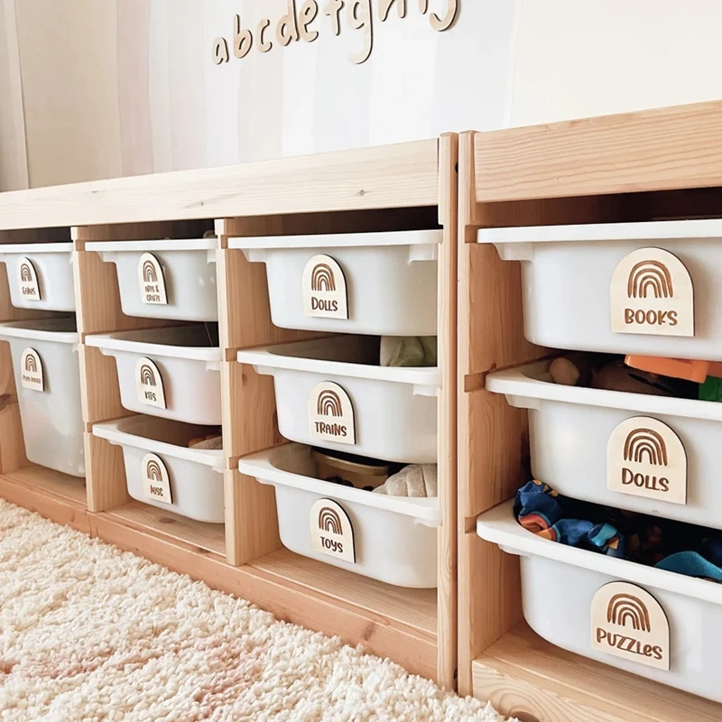 ملصق تخزين خشبي بألوان قوس قزح، علامات غرفة الألعاب بوهو تروفاست بن