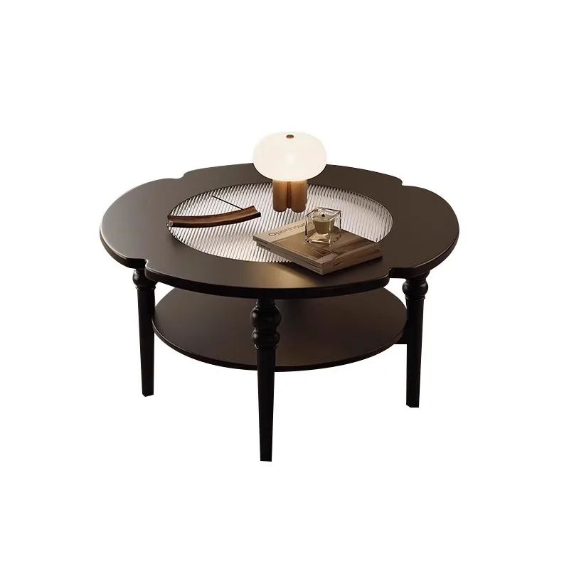 

French, retro, small apartment, home, living room, black, coffee table, solid wood, round